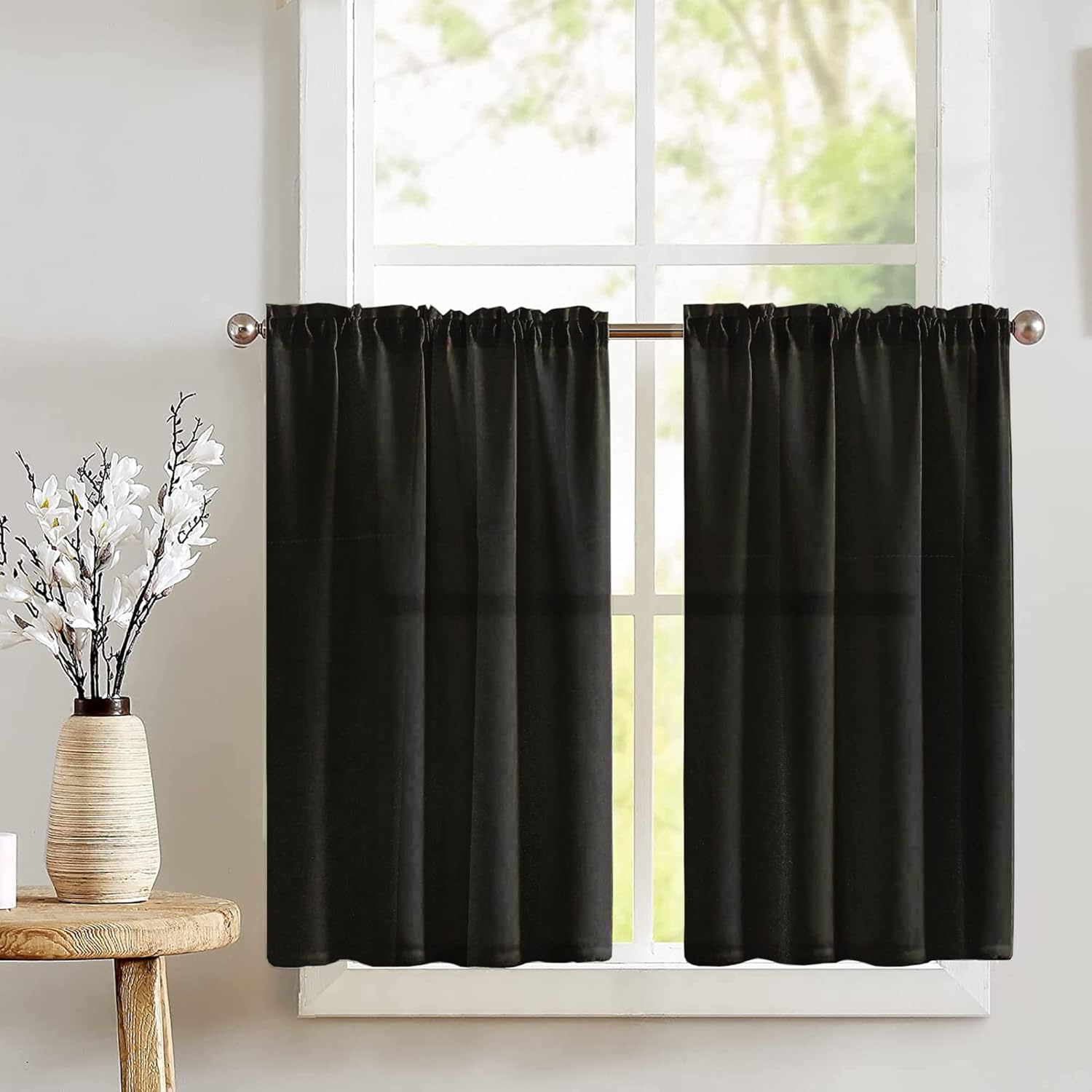 Zen Creative Designs Stretch Velvet Tier Window Valance 2 Piece Set Home Décor Bedroom Nursery Kitchen Window (Black)