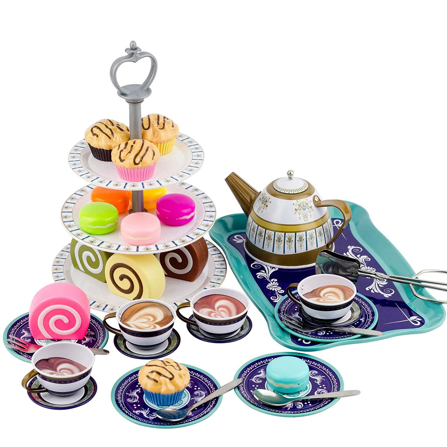 Liberty Imports Deluxe Afternoon Tin Tea Set with Cake Stand and Dessert Play Food - Metalware Playset for Four (39 Pieces)