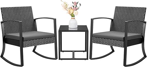 JUMMICO Juego de 3 sillas mecedoras para patio al aire libre con mesa auxiliar y cojines para balcón, porche, bistró (gris)
