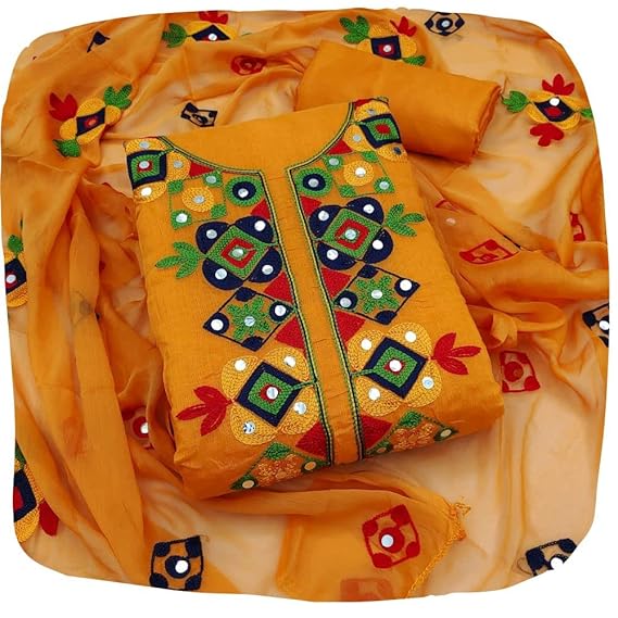 Rajasthani Mirror Work Chanderi Embroidery Unstitched Salwar Kameez Dress Material