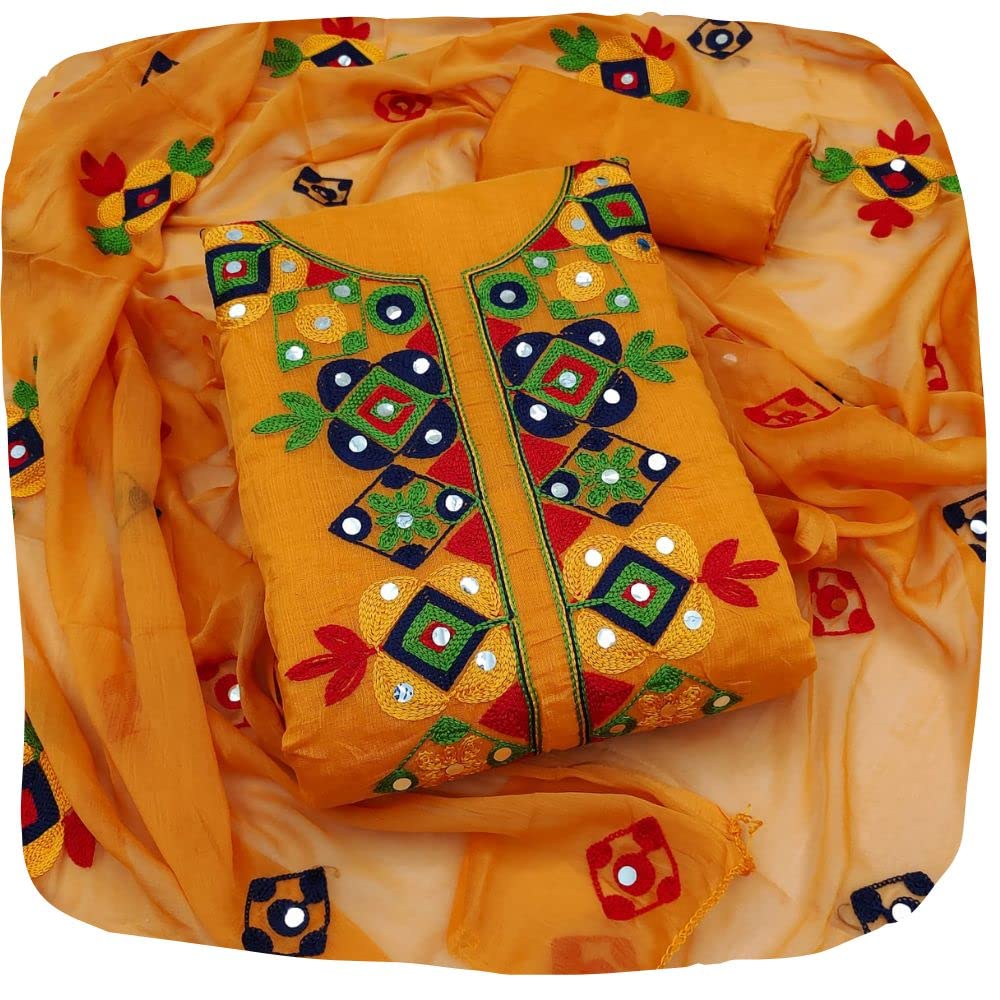 EthnicJunctionWomen's Rajasthani Mirror Work Chanderi Embroidery Unstitched Salwar Kameez Dress Material