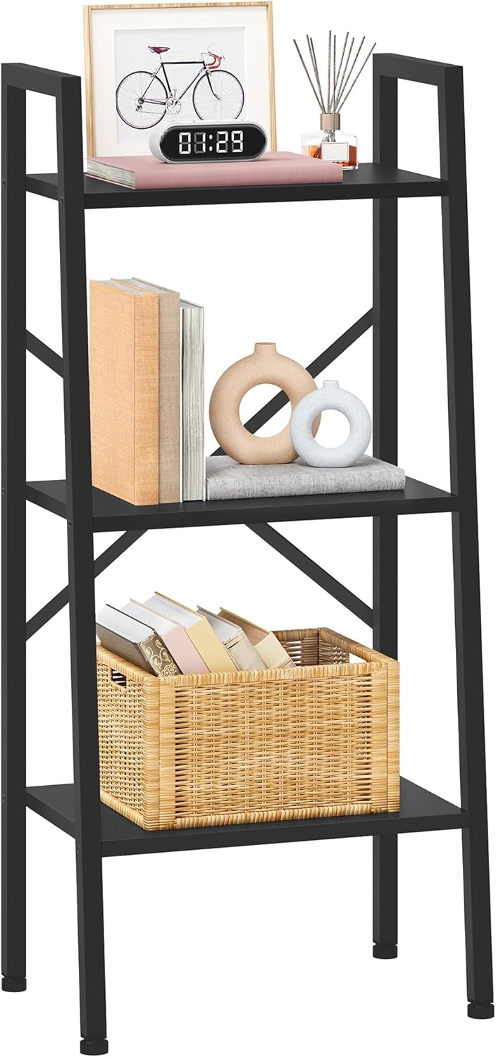 Hoctieon 3-Tier Industrial Ladder Bookshelf, Narrow Ladder Shelf, Tall Standing Bookshelf, Skinny Open Ladder Shelf, for Living Room, Home Office, Kitchen, Bedroom, Metal Frame, Black
