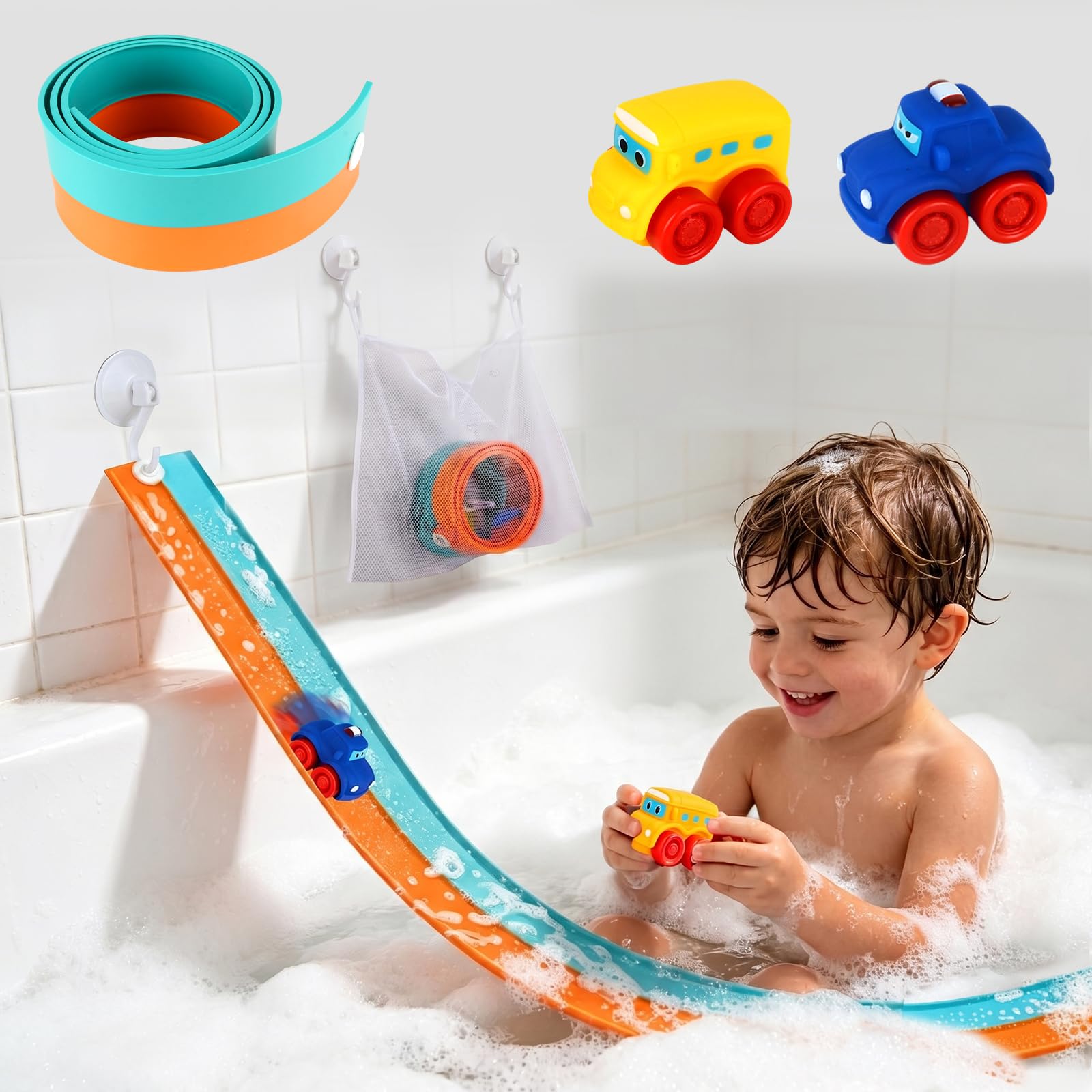 Juguetes de Baño para Niños, Juego de Pista de Bañera | con Pista Flexible de 1,5 m, 2 Coches, Regalo Educativo para Niños de 3 a 8 Años