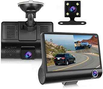KOCASO Dash Cam, 4 inches 1296P 3 Channels Car Dash Camera Front Inside and Rear Camera Car Camera 140Wide Angle Looping Recording G-SensorHDR Motion Detectionfor Car Parking
