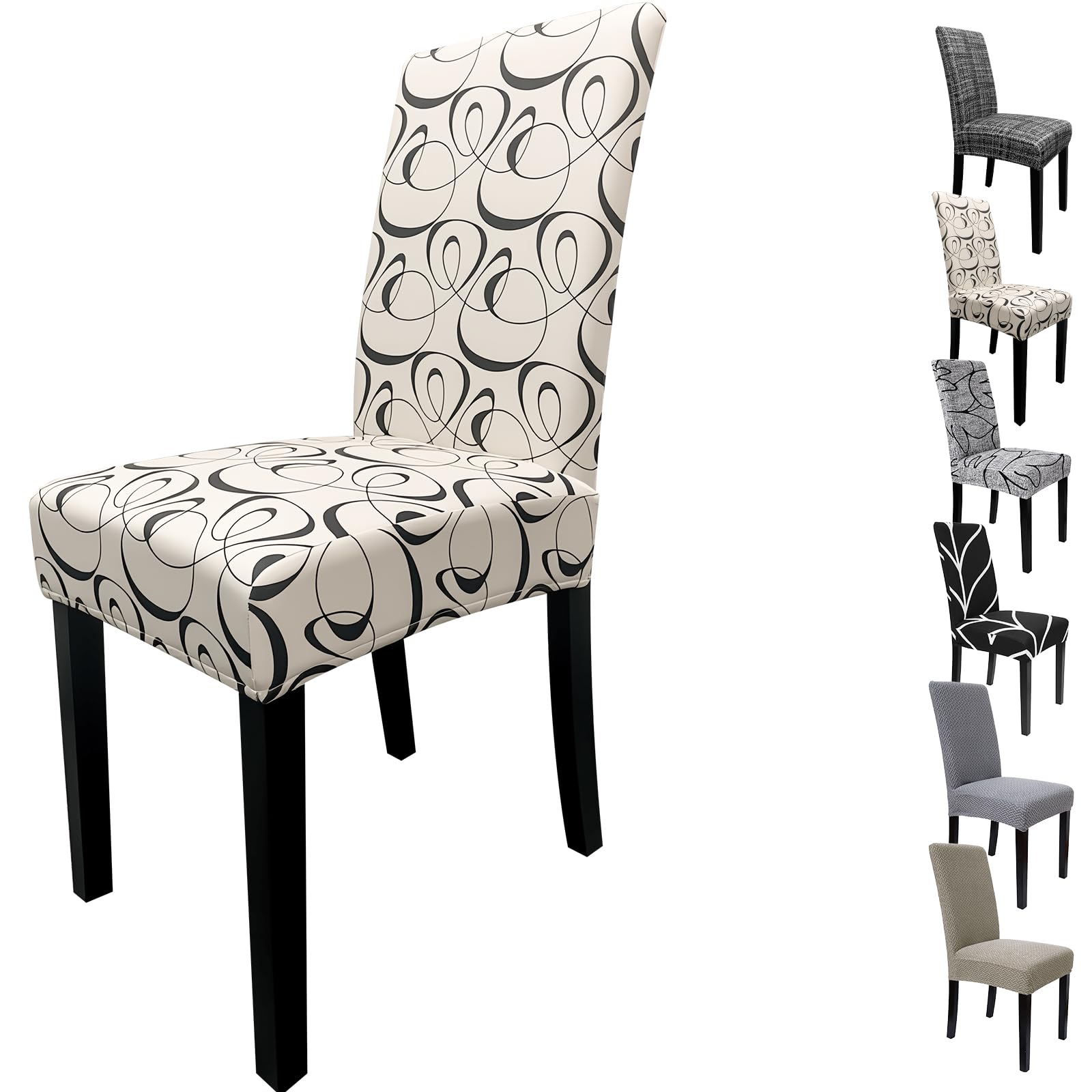 Zindoo Stretch Chair Covers for Dining Room, High Back Dining Chair Covers, Removable and Washable Full Wrap Elastic Chair Cover for Hotel, Wedding, Kitchen, Dining Room (Beige-Black Lines, 4 Pack) — image 1