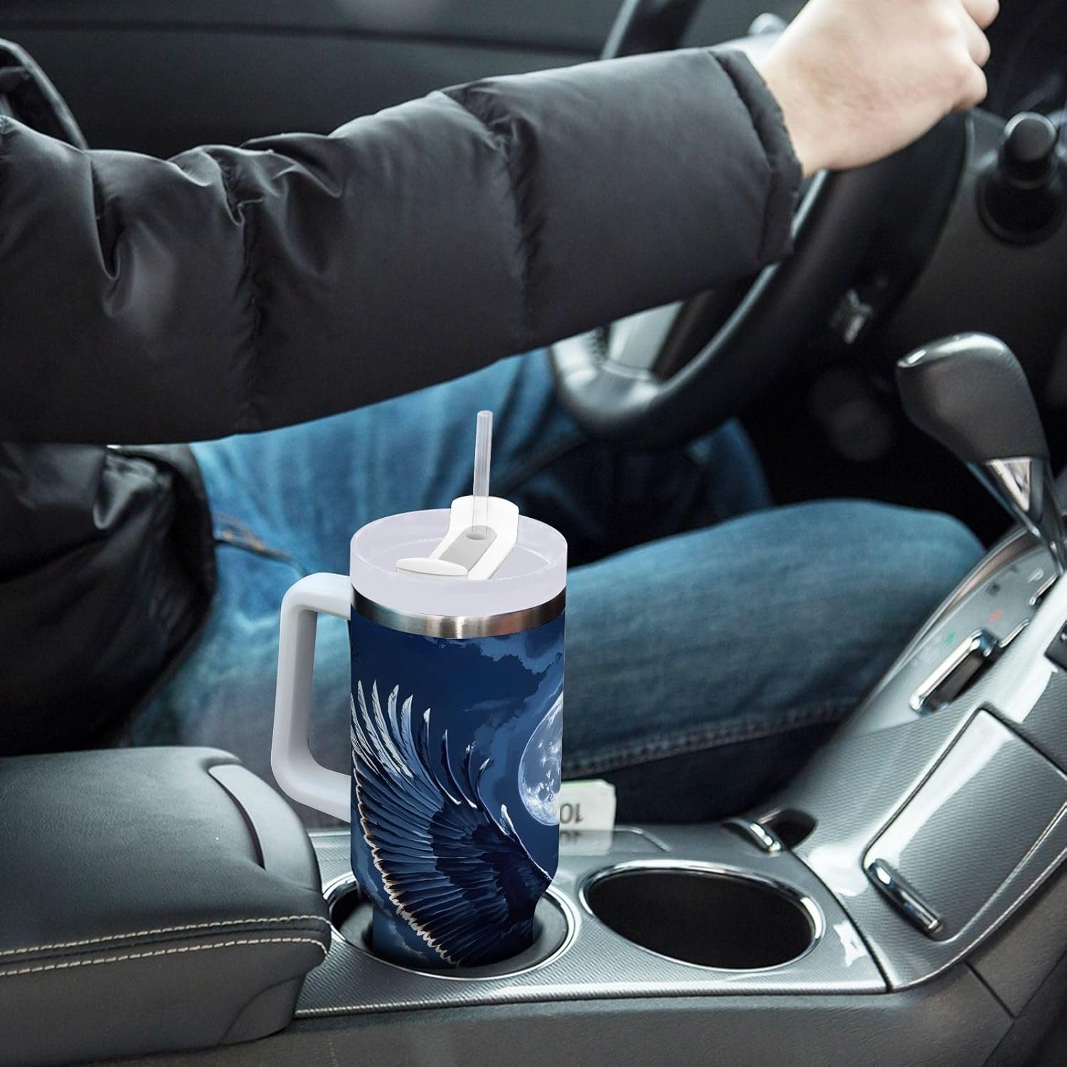ALAZA Bald Eagle Moon 40 oz Tumbler with Handle Insulated Water Bottle with Straw Lid Stainless Steel Vacuum Insulated Cup Travel Coffee Mug