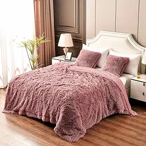YUSOKI Pink Queen Faux Fur Winter Blanket,2 Layers,90"x90" Without Pillows Big Soft Plush Fuzzy Large Warm Fluffy Throw Blanket for Bed