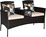 Tangkula Ensemble de meubles de patio conversation, mobilier extérieur avec coussins amovibles & Table, plateau en verre trempé, banc en rotin moderne pour jardin