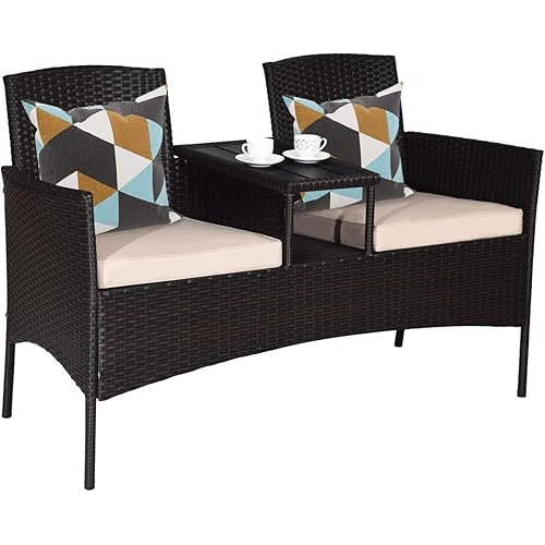 Tangkula Outdoor Rattan Loveseat with Built-in Coffee Table, 2-Person Patio Conversation Set with Cushions & Table, Modern Patented Wicker Sofa Set, Wicker Sofa for Garden Lawn Backyard, Beige