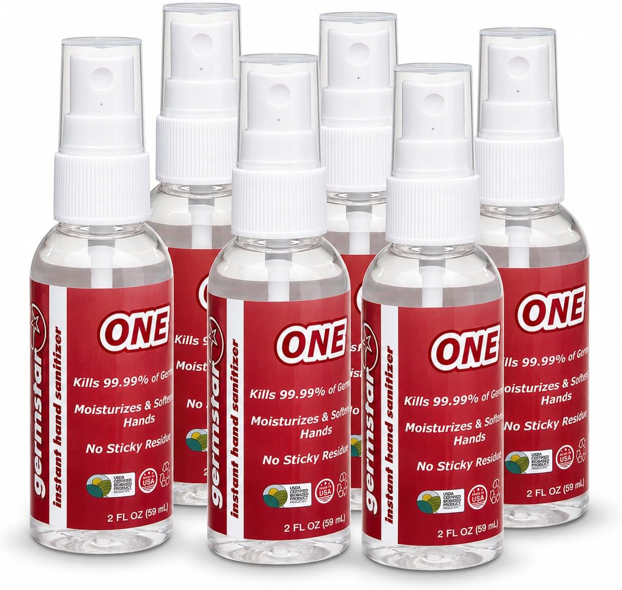 Germstar ONE Hand Sanitiser Spray Bottles 59ml (Pack of 6) | Kills 99.9% of Germs | Alcohol Antibacterial Sanitiser with Spearmint Fragrance | Moisturising Formula | Travel Size Spray Bottles