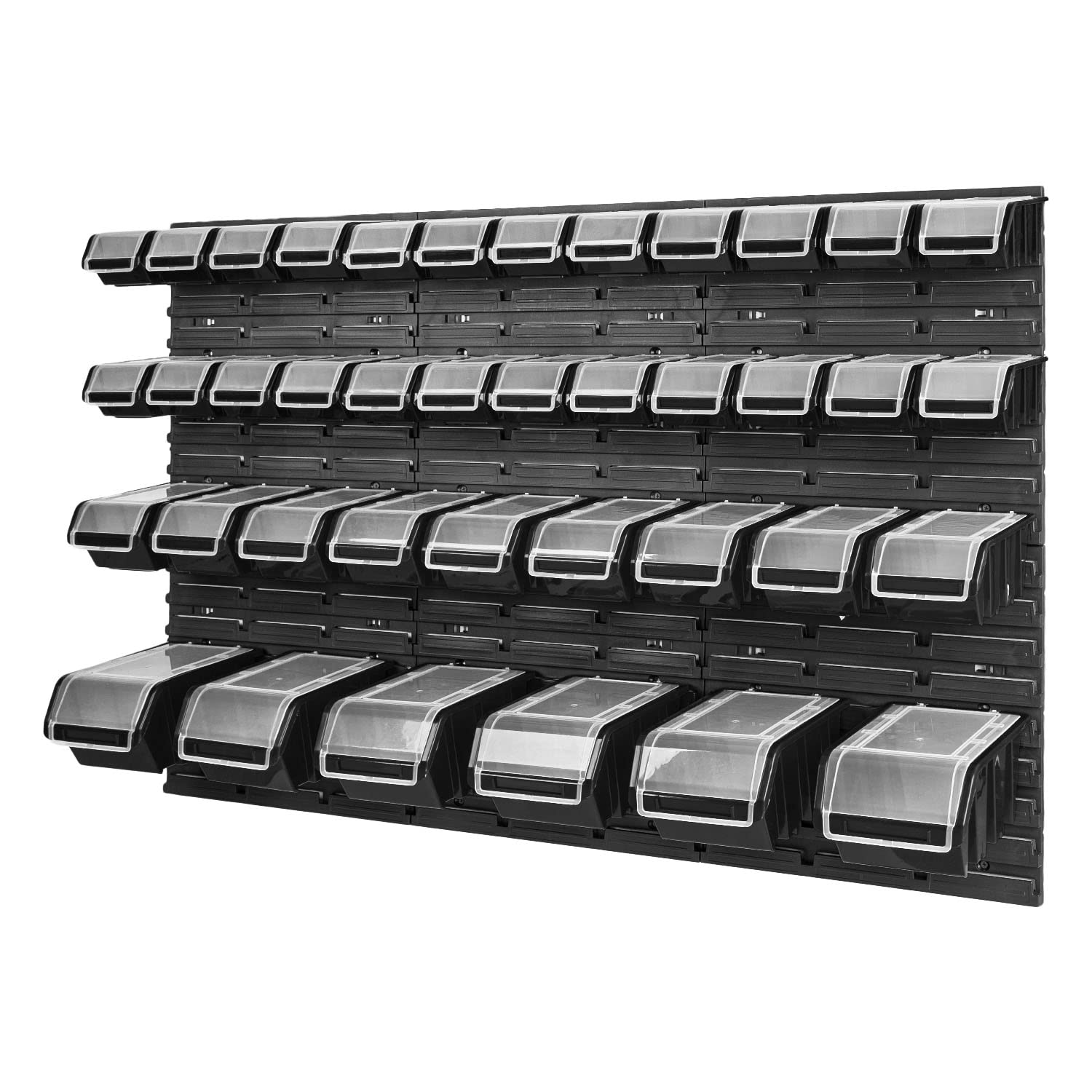 PAFEN Regał ścienny z pojemnikami magazynowymi - 1158 x 780 mm - system przechowywania 39 pojemników z pokrywkami - regał magazynowy, pudełka do układania w stos, regał do warsztatu, czarny