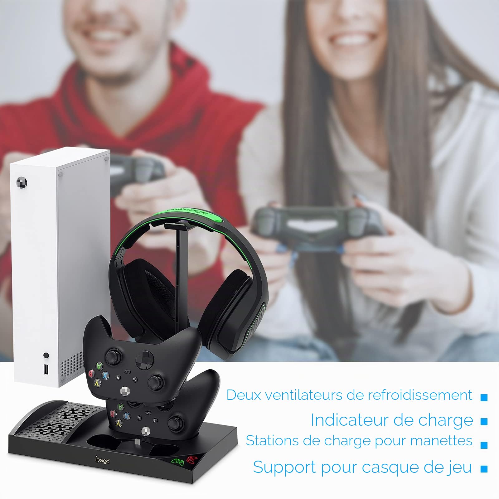 Support Vertical Compatible avec Xbox Series S, Ventilateur de Refroidissement & Dual Chargeur Station de Controller pour Xbox Series S avec 2 x 1400 mAh Batteries Rechargeables et Support Casque
