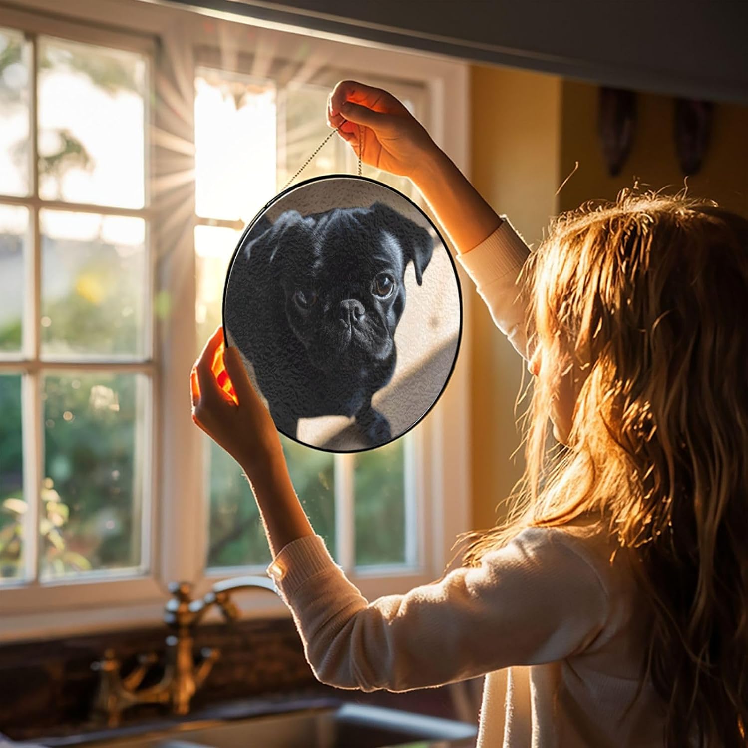 Black Pug Dog Puppy Stained Glass Suncatcher for Window Hanging Sun Catcher Ornament for Women Men Suncatcher for Home Decor, 4in（10cm） Round Glass Ornament for Mother's Day Birthday Gift