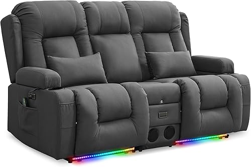Miniatura 21 de URRED Sofá reclinable de dos plazas con masaje y calor, sofá biplaza reclinable eléctrico con consola, asiento de cine en casa con luces LED,