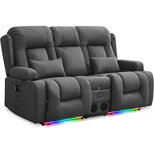 URRED Loveseat Recliner Sofa with Massage and Heat, Power Reclining Loveseat Sofa RV Couch with Console, Home Theater Seating with LED Lights, Bluetooth Speakers, USB, Outlets, Leathaire Gray | Wall Hugger, Double Recliner, Zero Gravity, Full Body Massage, Storage