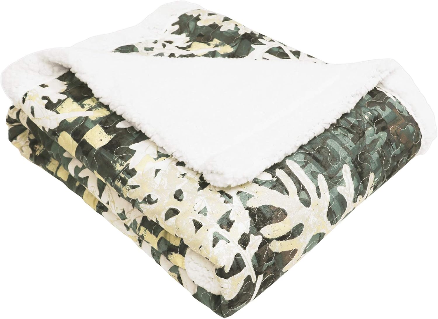 Lush Decor, Green Camouflage Leaves Reversible Sherpa Throw Blanket with Nature Leaf Print Design-60” x 50, 60" x 50"