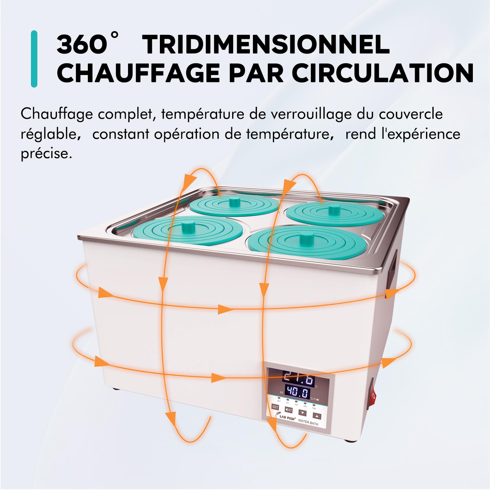 LABFISH Bain-marie numérique de laboratoire Capacité 12L Chauffage thermostatique Doublure en acier inoxydable 4 ouvertures