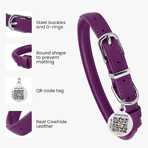 Miniatura 3 de BRONZEDOG Collar de perro de cuero enrollado para perros pequeños, medianos y grandes con etiqueta de identificación QR (ciruela, XS 9-11 pulgadas)