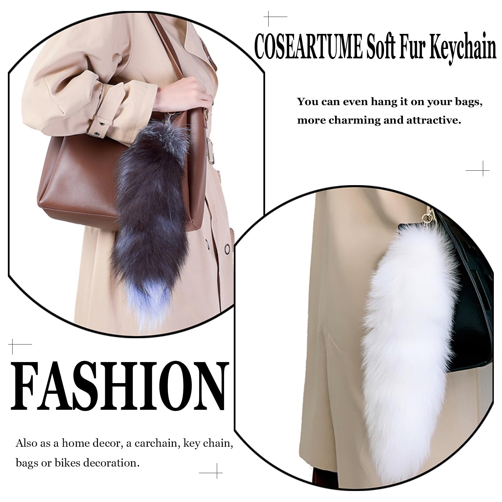 Fluffy Therian Cat Wolf Tail Real Fox Fur Keychain Cosplay Women Bag Keyring Halloween Costume for Adult: Sunny Black