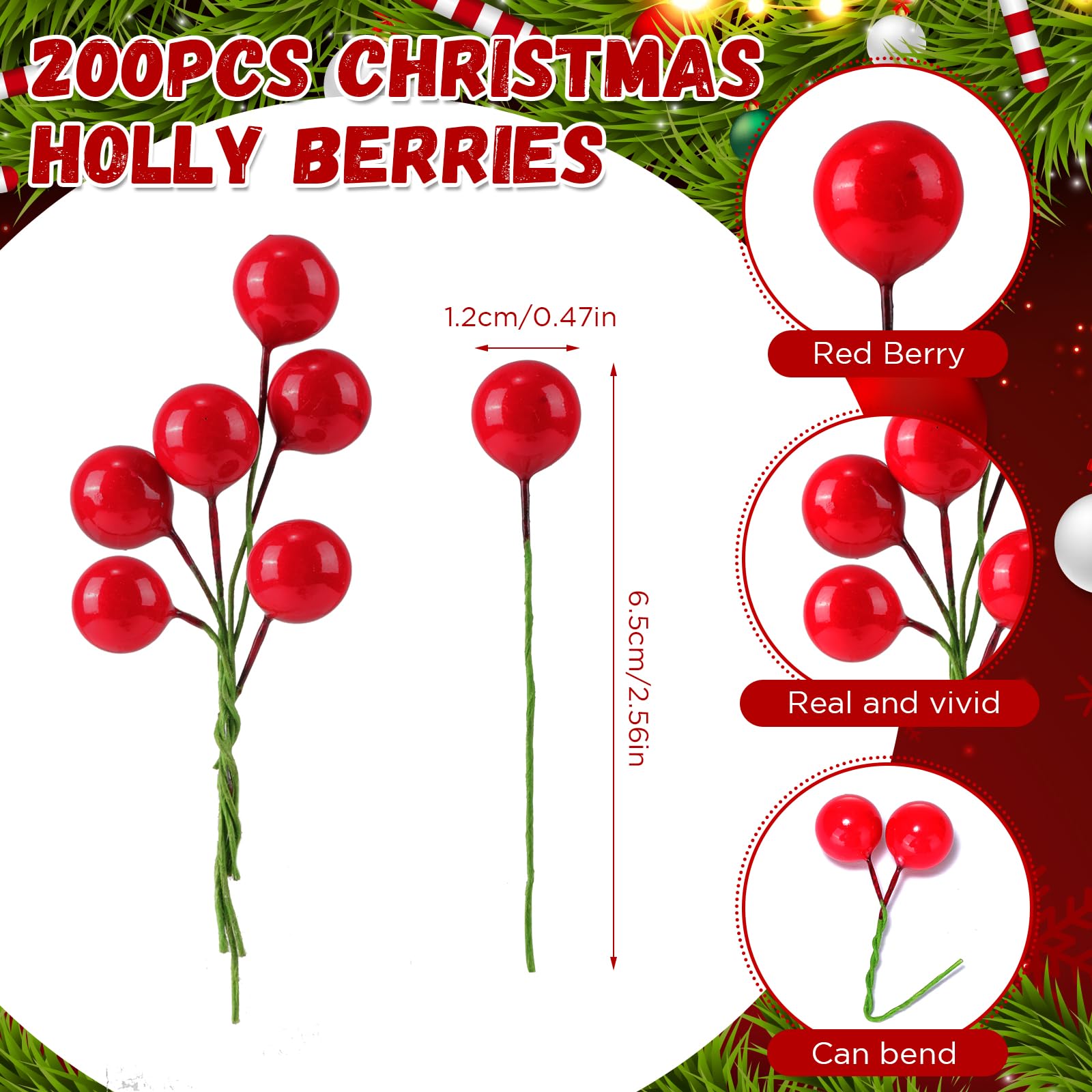PROUSKY 200 Pieces Christmas Holly Berries - Image 2