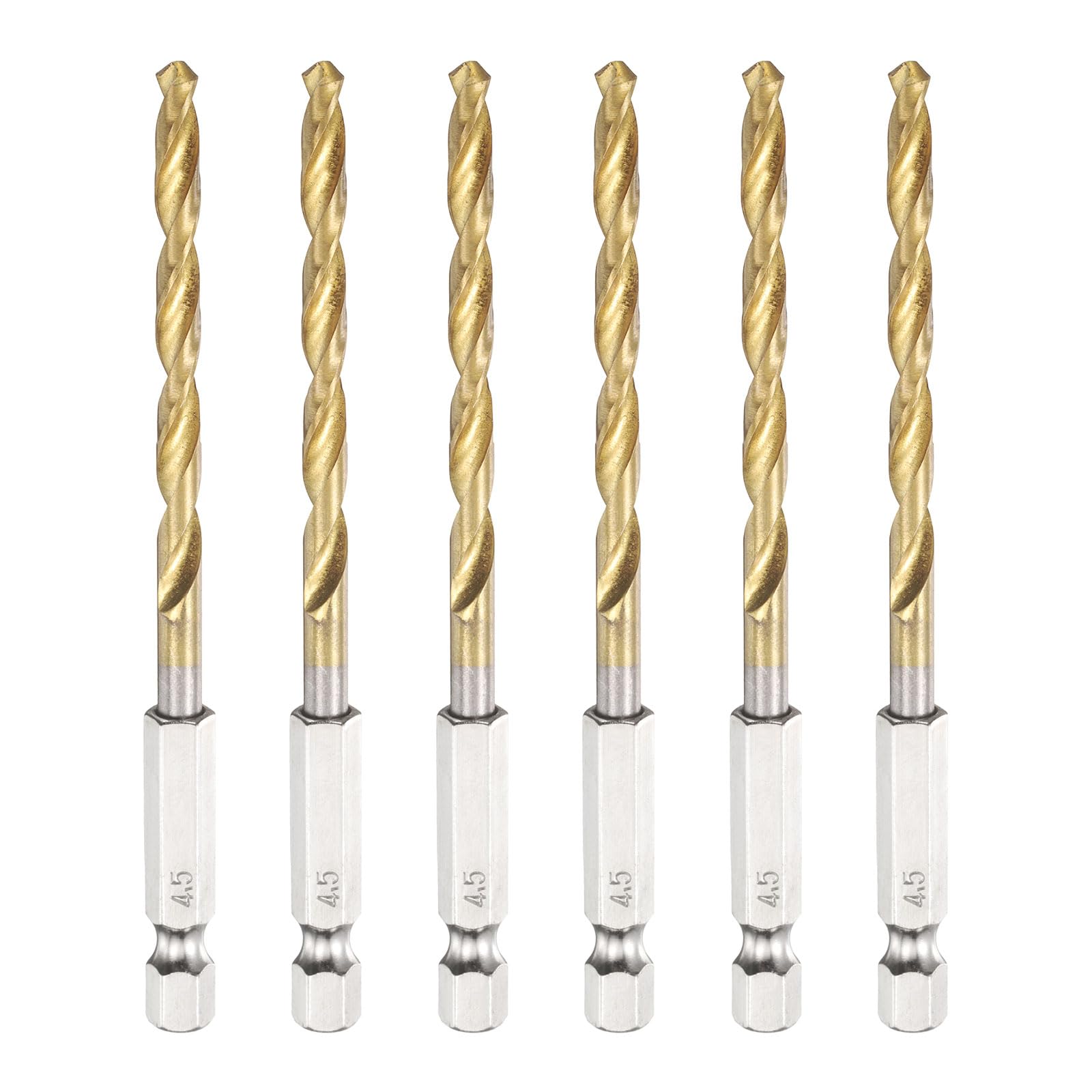 sourcing map 6pcs 1/4" Hex Shank Titanium Twist Drill Bit 4.5mm Drilling Dia 96mm Length High Speed Steel Drills for Hardened Metal, Stainless Steel, Cast Iron, Wood, Plastic
