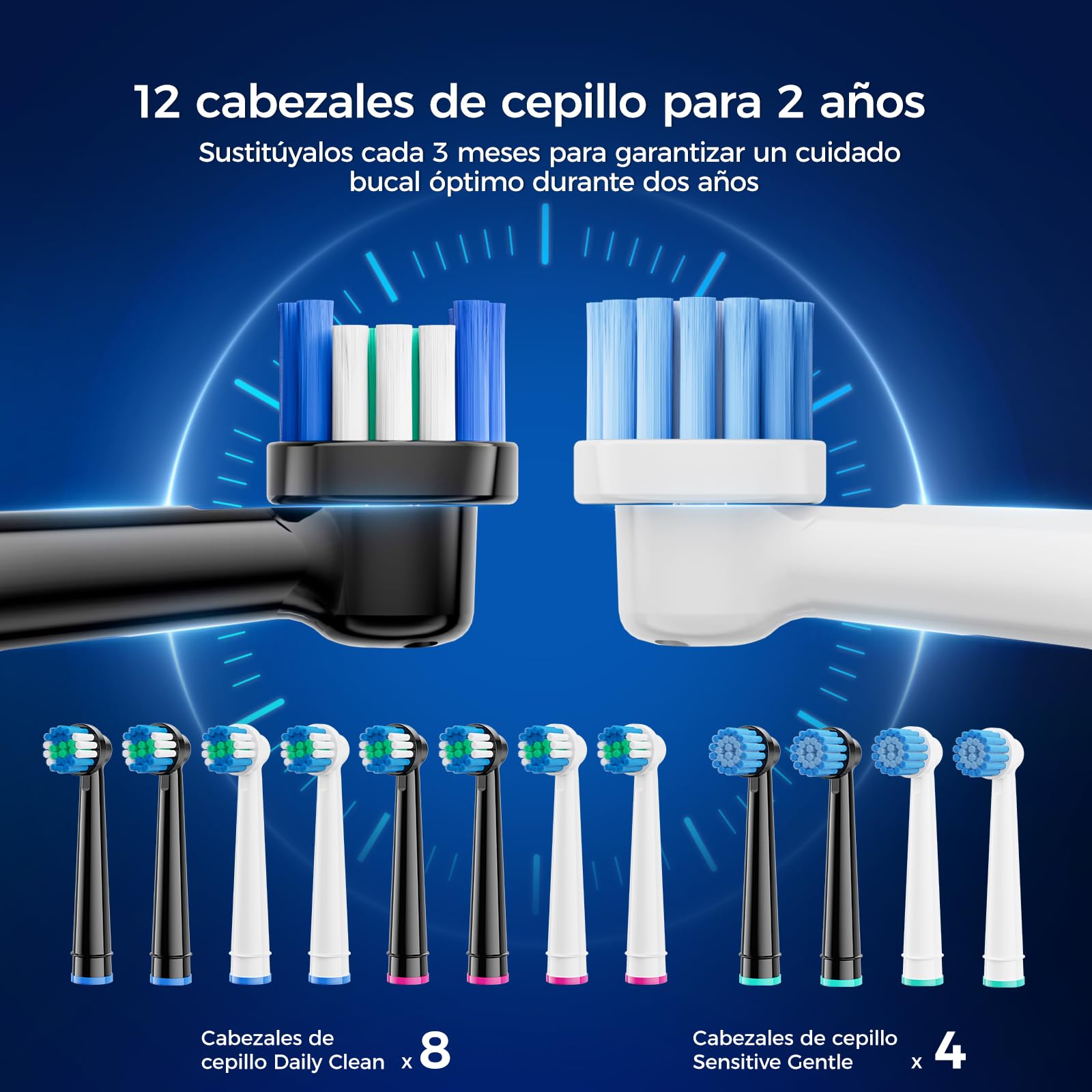 Cepillo de dientes eléctrico rotatorio 2 unidades Negro + Blanco para adultos y niños, 3 intensidades y 5 modos, cepillo dientes electrico con 12 cabezales, 2 estuches de viaje, batería de 120 días