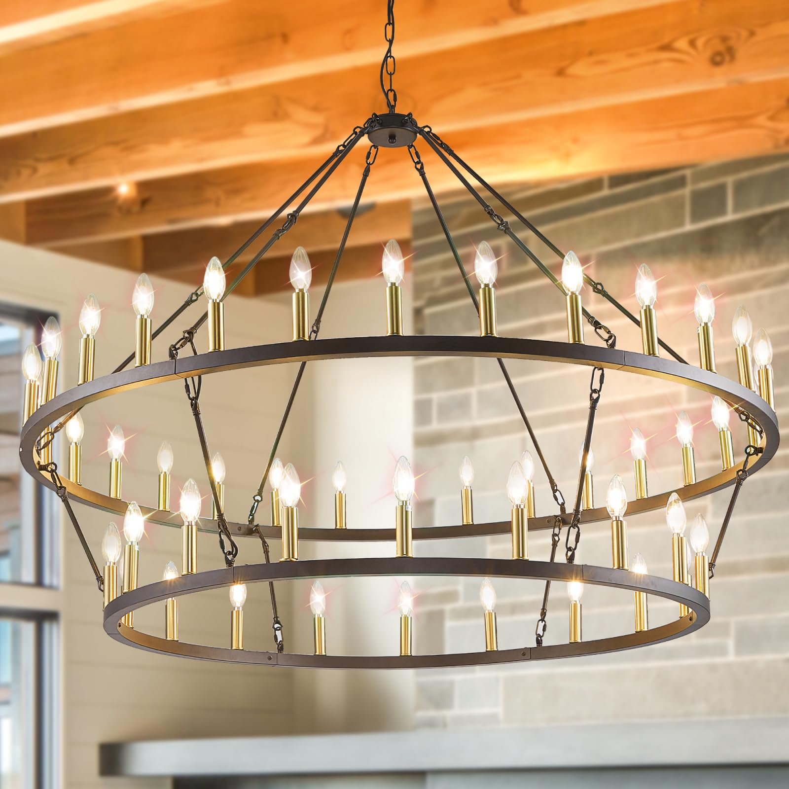 55 inch black and gold wagon wheel chandelier, 2 tier 48-lights farmhouse dining room light fixture, round rustic kitchen island lighting, extra large foyer chandeliers for high ceilings, for entryway