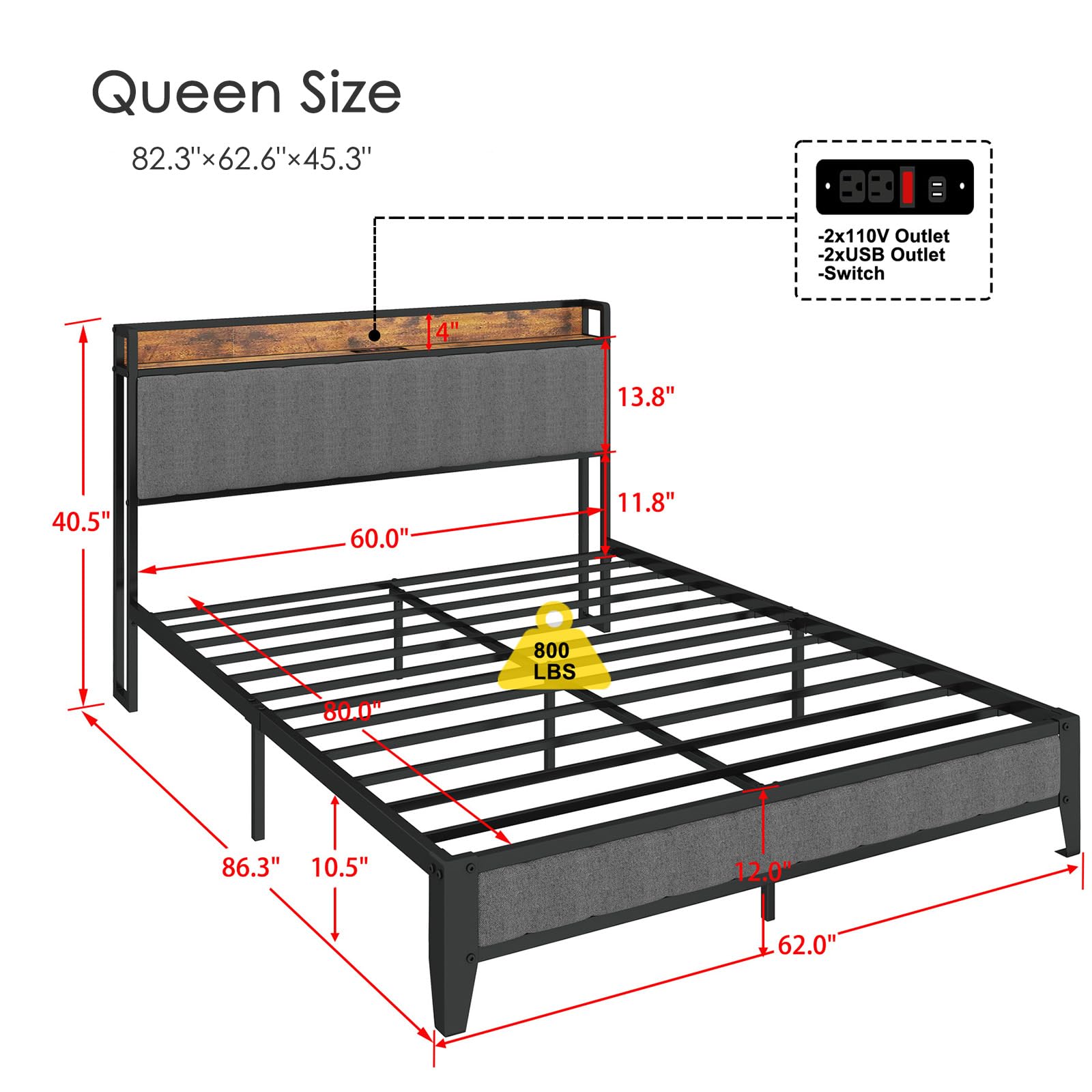 DlandHome Queen Size Bed Frame with USB Charging Station & Power Outlets - Upholstered Fabric Headboard, Heavy Duty Metal Platform, No Box Spring Needed, Under Bed Storage Space, Dark Grey