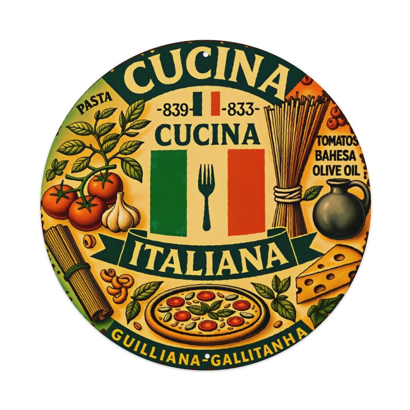 Cucina Italiana Vintage Italian Kitchen Round Tin Sign Vintage Aluminium Metal Sign, Retro Wall Decor for Home, Bar, Garage & Farmhouse 20x20cm