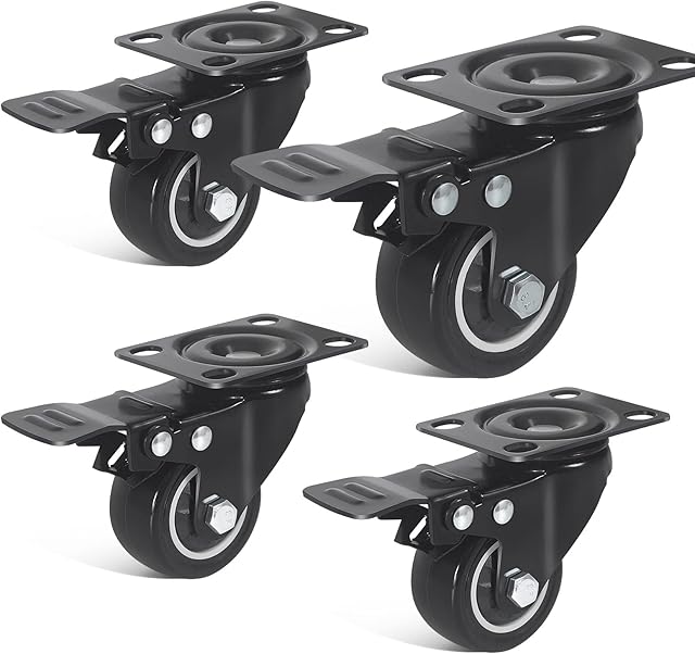 FOSLAP Heavy Duty Castor Wheels 200KG 50mm Noiseless Swivel Trolley Wheels - PU Rubber Swivel Wheels for Moving Furniture and Trolley (All 4 with Brakes)