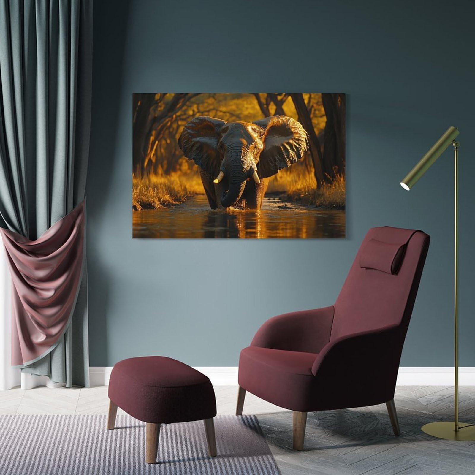 Junmoney Elephant in Water at Sunset Home Decor Wall Art, 20x30inch(50x75cm), for Lounge, Bedroom Or Personal Spaces, Thoughtful Wall Decor for Art Lovers
