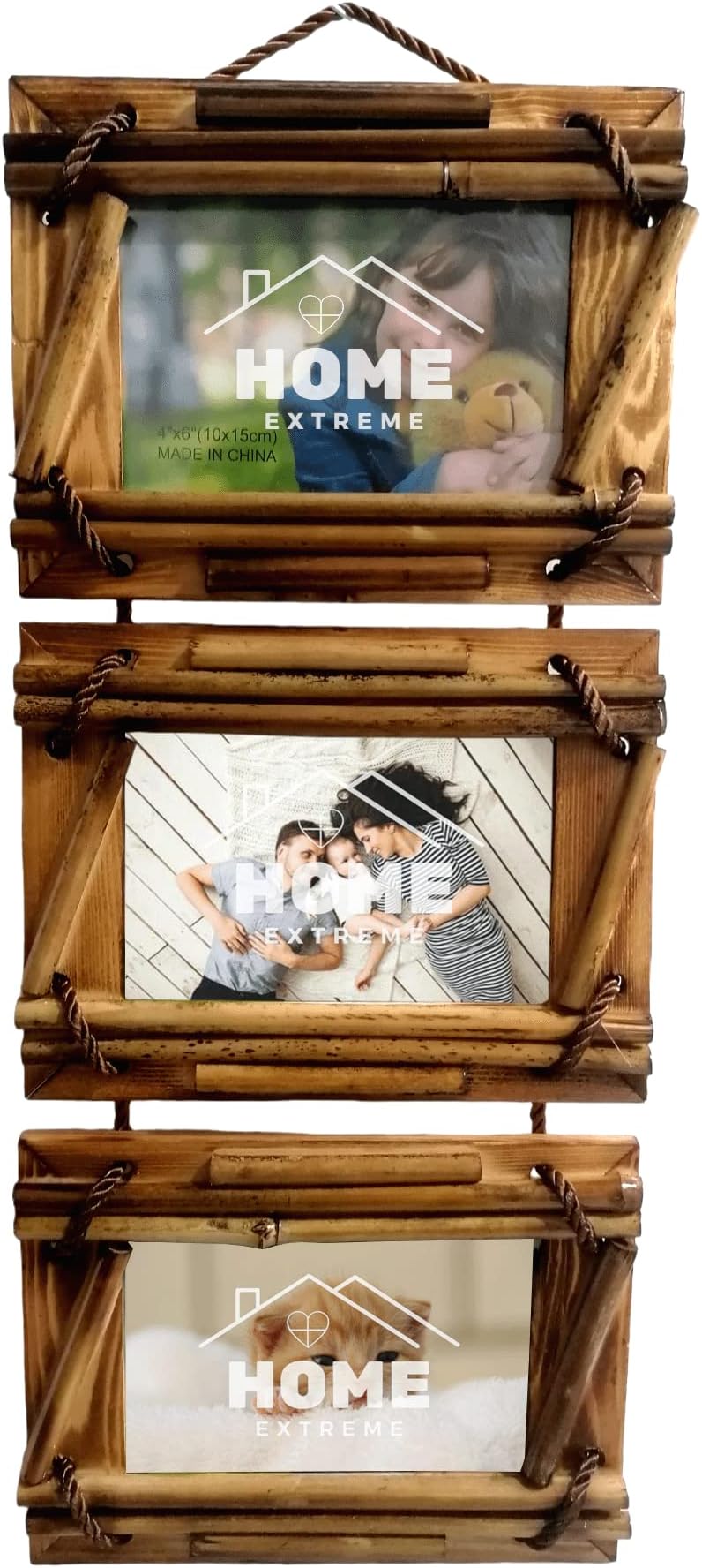 Solid Wood Photo Frame Set with Glass Display Variety and Shapes 4"x6" Opening Hanging Art, Gallery, Family Pictures - Wall Collage Hanger Holder Clip Rustic Decor for Living Room, Bedroom (Extreme 1)