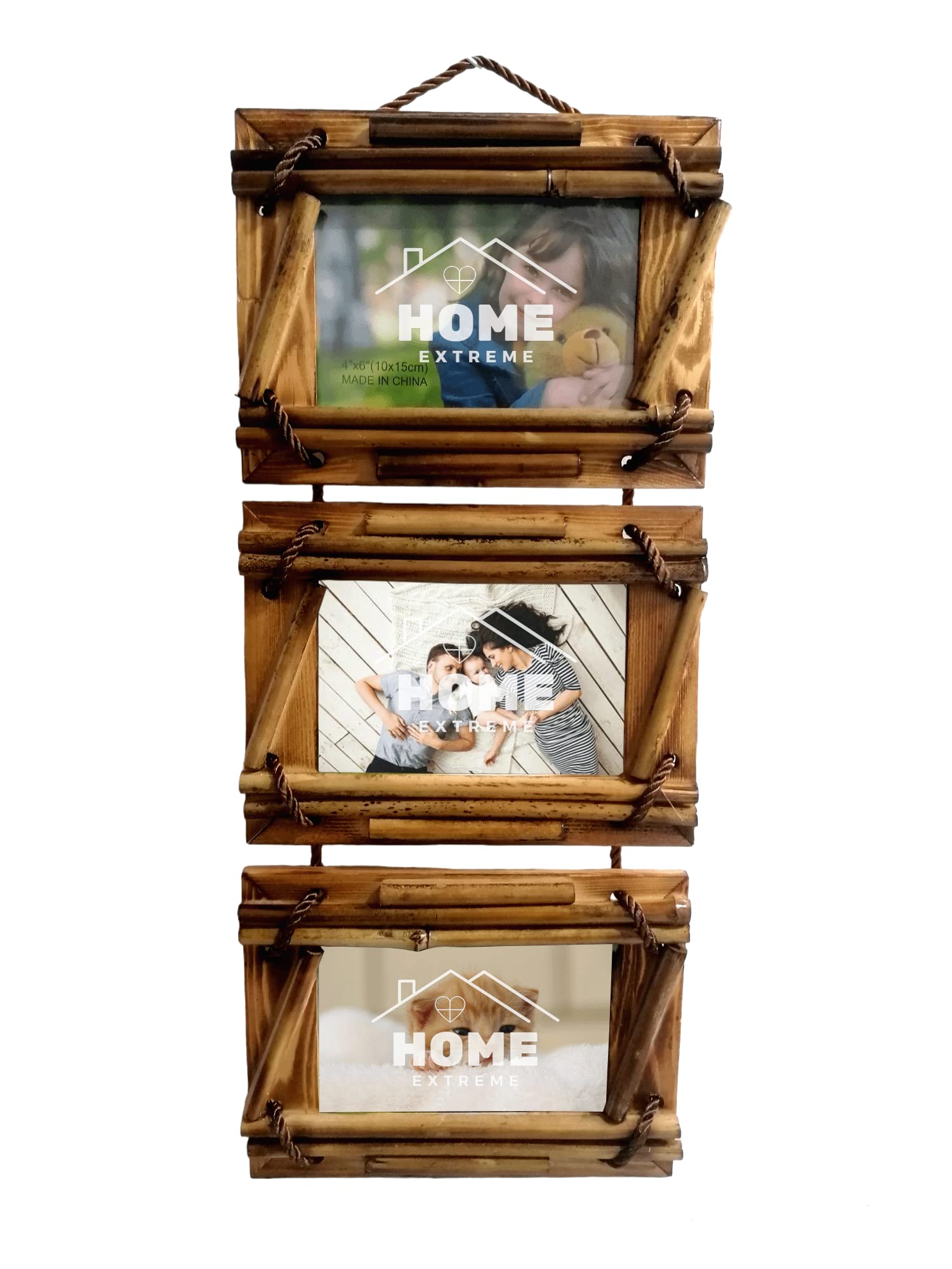 Solid Wood Photo Frame Set with Glass Display Variety and Shapes 4"x6" Opening Hanging Art, Gallery, Family Pictures - Wall Collage Hanger Holder Clip Rustic Decor for Living Room, Bedroom (Extreme 1)