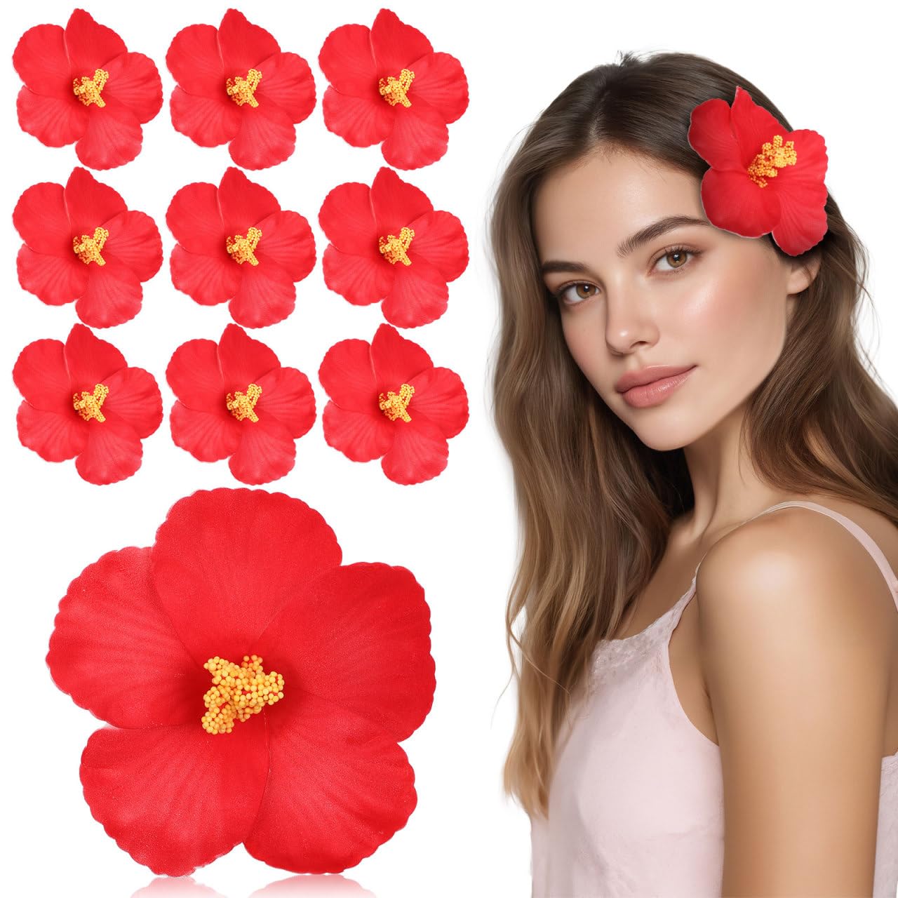 MAGICLULU 10pcs Artificial Hibiscus Flowers: Boho Flowers Simulation Floral For Women Girls Diy Headdress Material Tropical Party Favors Red