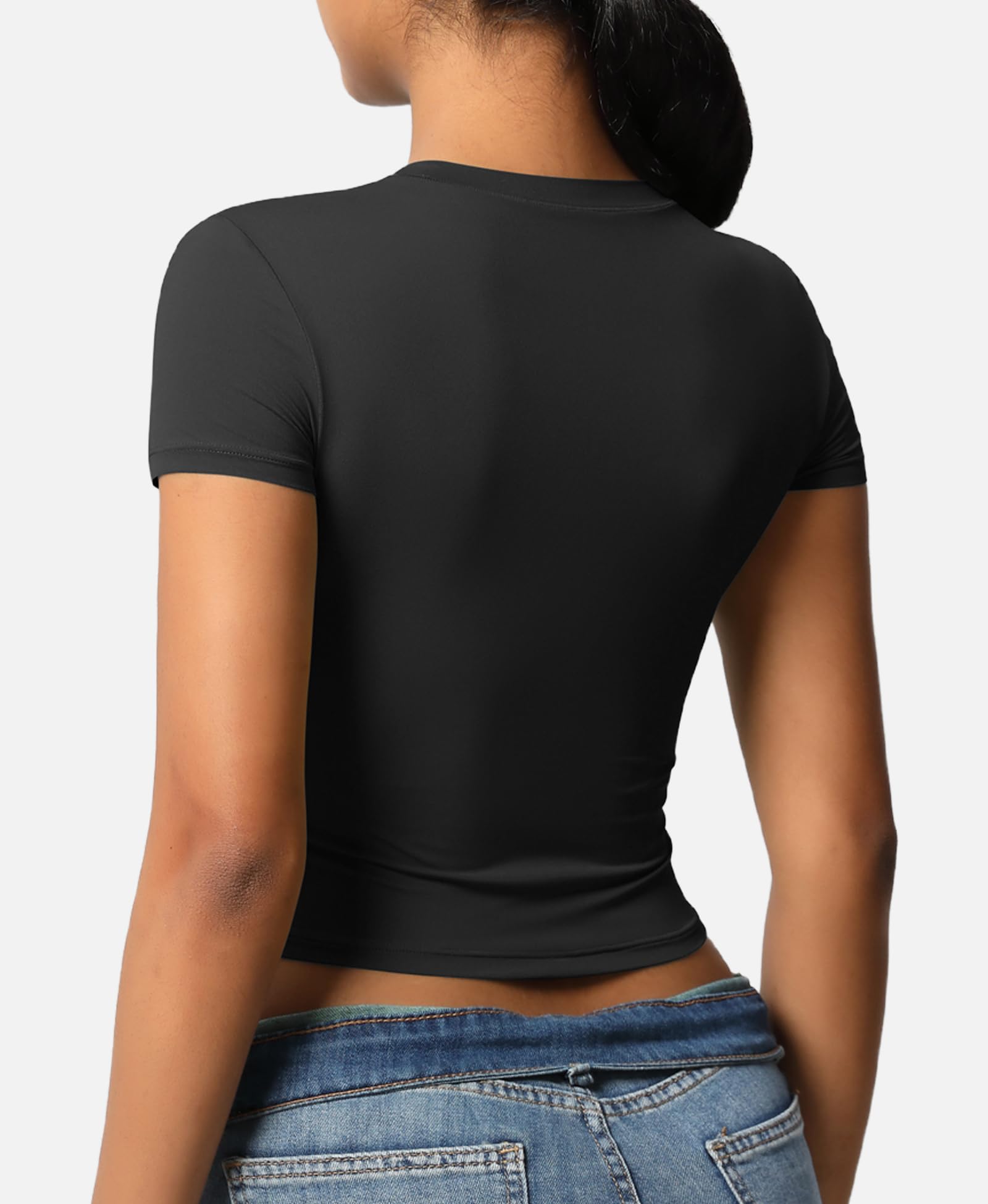 Camiseta Deportiva Manga Corta Mujer Transpirable Running Compresión Cuello Redondo Yoga Fitness Gym Crop Top
