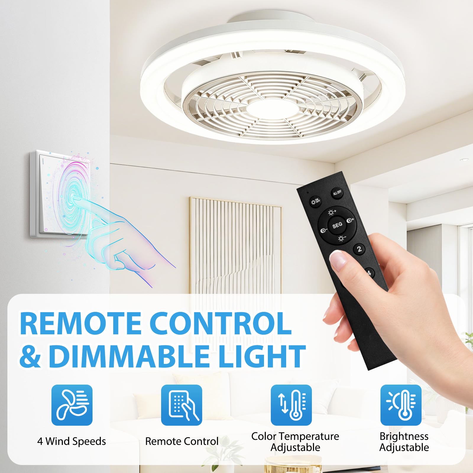 Wholede Deckenventilator mit Beleuchtung, Deckenlampe mit Ventilator Fernbedienung, Dimmbar Lampe Decke für Wohnzimmer, Schlafzimmer, Küche, 2700K-6500K & 4 Geschwindigkeiten, Ø40cm Weiß