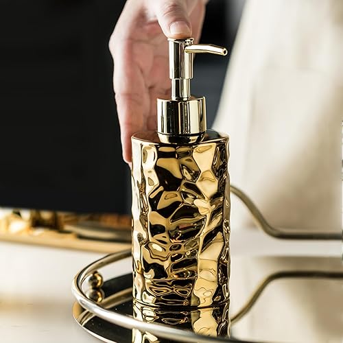 Gets Dispensador de jabón de cerámica doradaplata, dispensador de jabón líquido de manos moderno recargable para cocina, baño (botella redonda