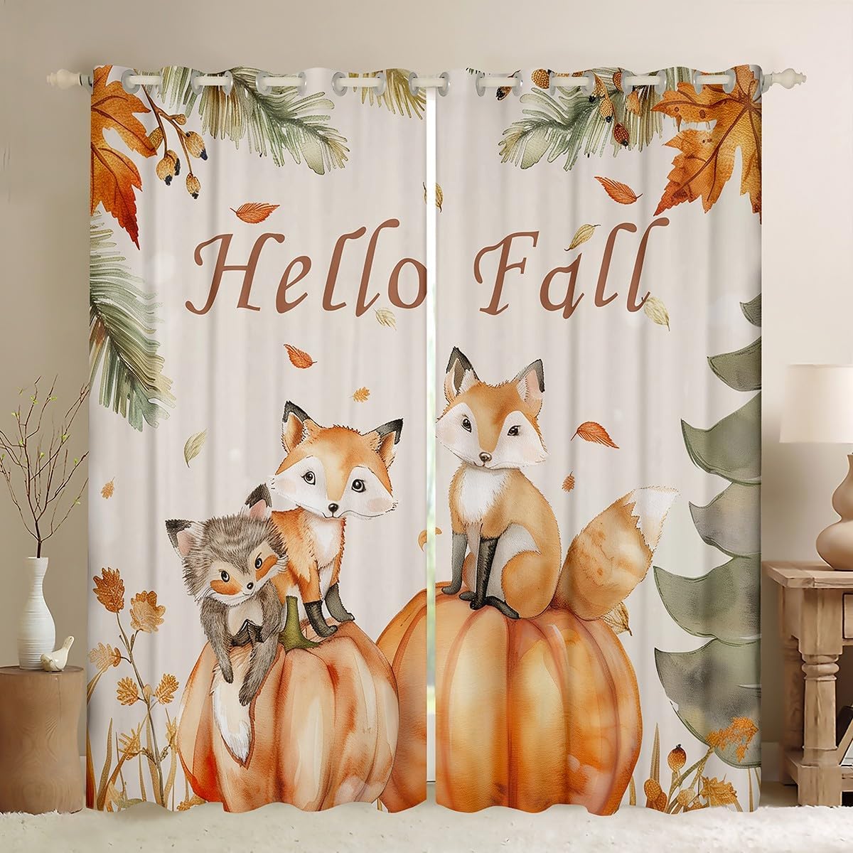 Fox Pumpkin Curtains,Autumn Harvest Window Curtain Kids Boys Girls Women Home Room Decor,Autumn Theme Cartoon Animal Window Treatment Curtain,Fall Leaves Botanical Window Drapes,2 Panels,52Wx90L