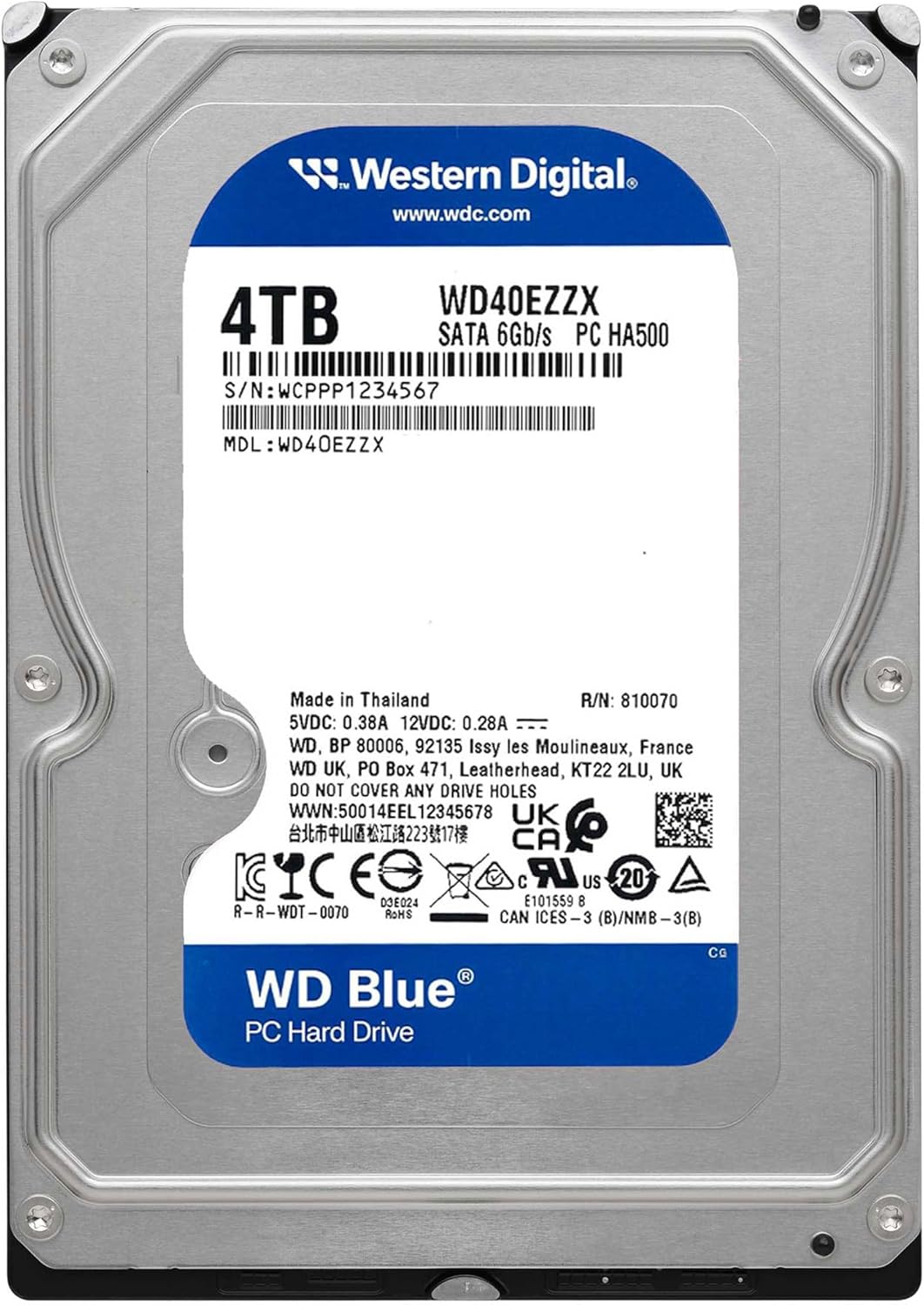 Western Digital WD Blue Internal HDD 4TB CMR 3.5 Inch SATA Cache 128MB 5400rpm WD40EZZX-AJP Eco Package
