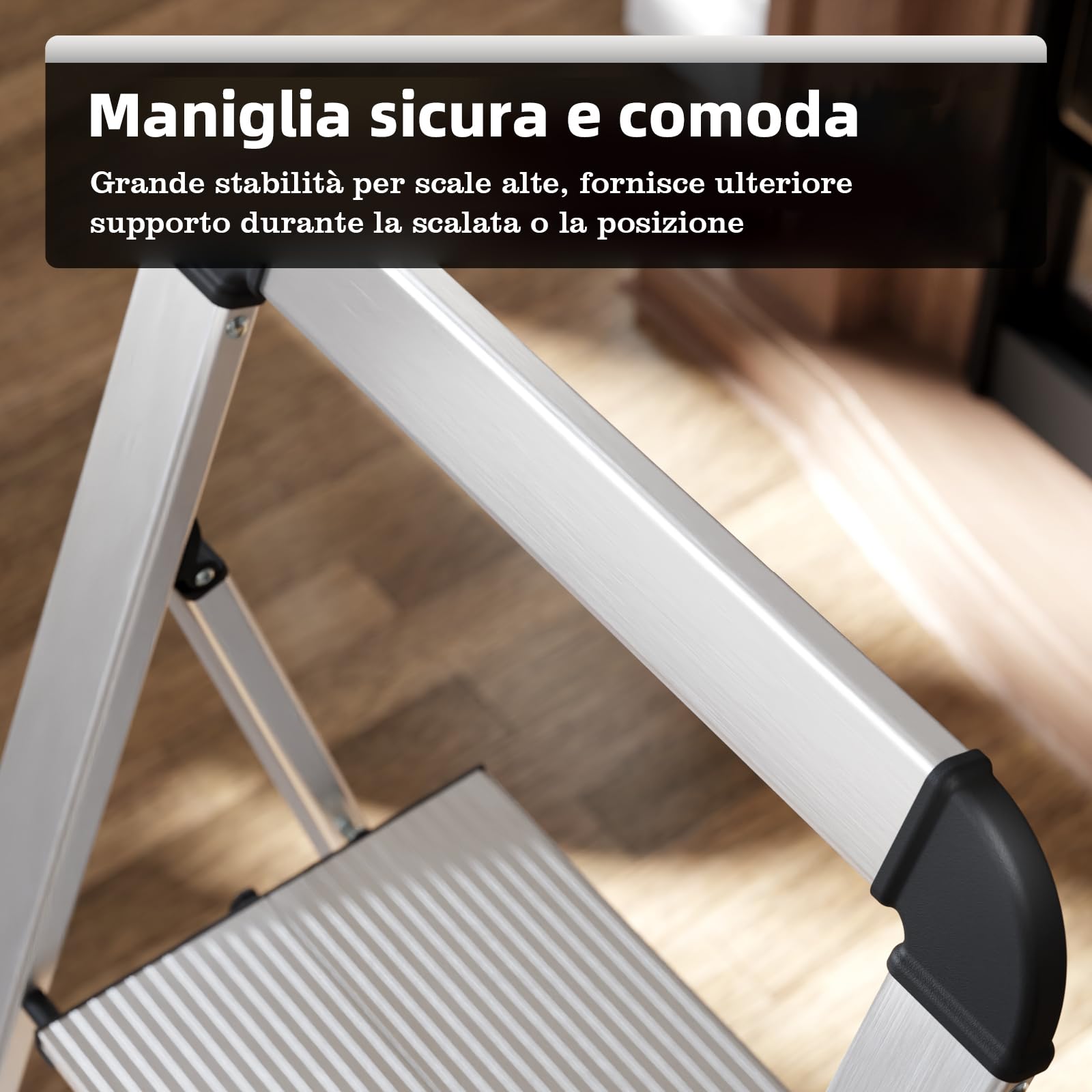 KINGRACK Scaletta 5 Gradini Pieghevole in Alluminio Leggera con Corrimano, Blocco di Sicurezza, Pedali Antiscivolo, Scala per Cucina Garage Casa, Salvaspazio Robusta e Portatile Massima 150kg, Argento