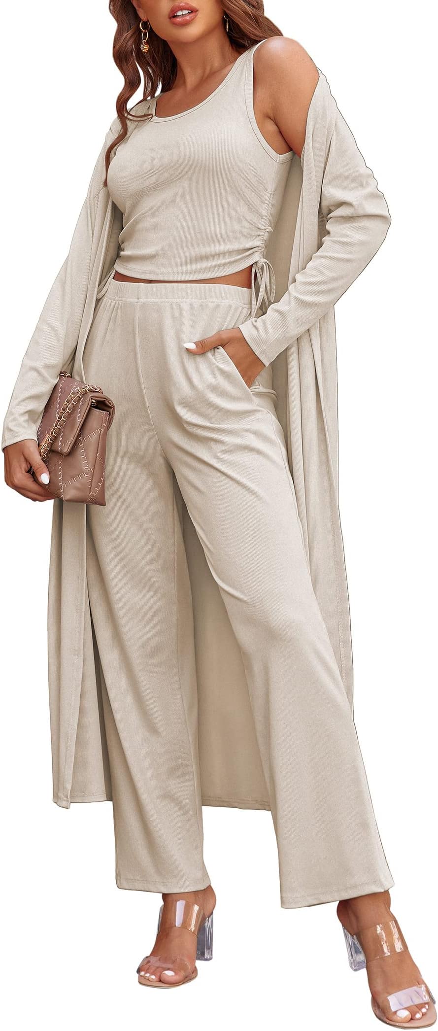 EkouaerWomen's 3 Piece Knit Lounge Set Pajama Long Sleeve Cardigan Sleeveless Top Pants Sweatsuit S-XXL