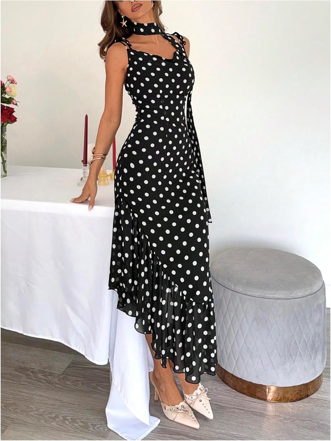 Verdusa Women's Vintage Polka Dots Halter Dress Wedding Guest Ruffle Maxi Dresses - Image 5