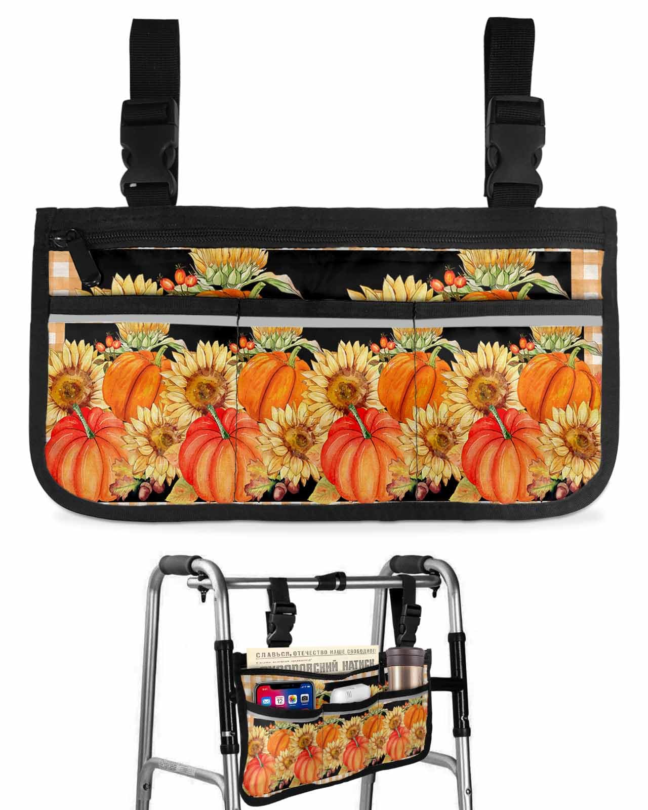 Anzona Fall Fruit Wheelchair Side Bag Walker Bag, Watercolor Pumpkin Sunflower Orange Plaid Wheelchair Accessories Armrest Pouch, Organizer Storage Bag for Walkers, Rollators, Scooters, 7.3''x13''