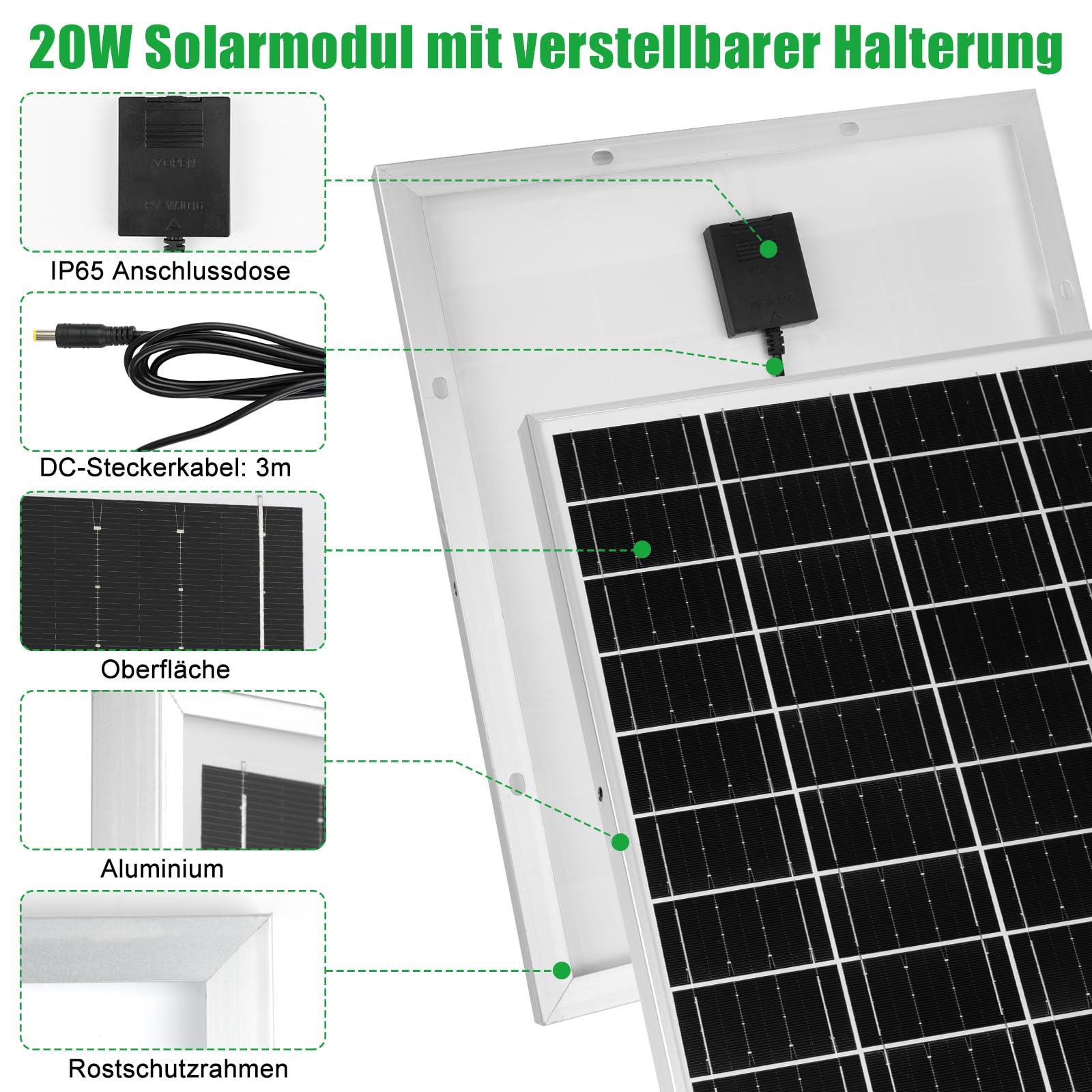 【20W 9.84FT Solarpanel Ventilator Kit】KWODE 20Watt Solar Panel Ventilator Gewächshaus: Solarpanel 20W mit DC Solar Lüfter+360° Verstellbare Halterung, für kleine Hühnerställe, Schuppen, Haustierhäuser