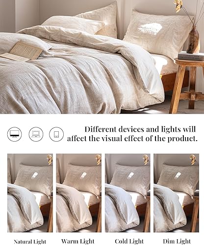 Miniatura 7 de MILDLY - Juego de funda de edredón de lino y algodón, diseño jacquard con textura de trigo, 3 piezas con cierre de cremallera, transpirable y
