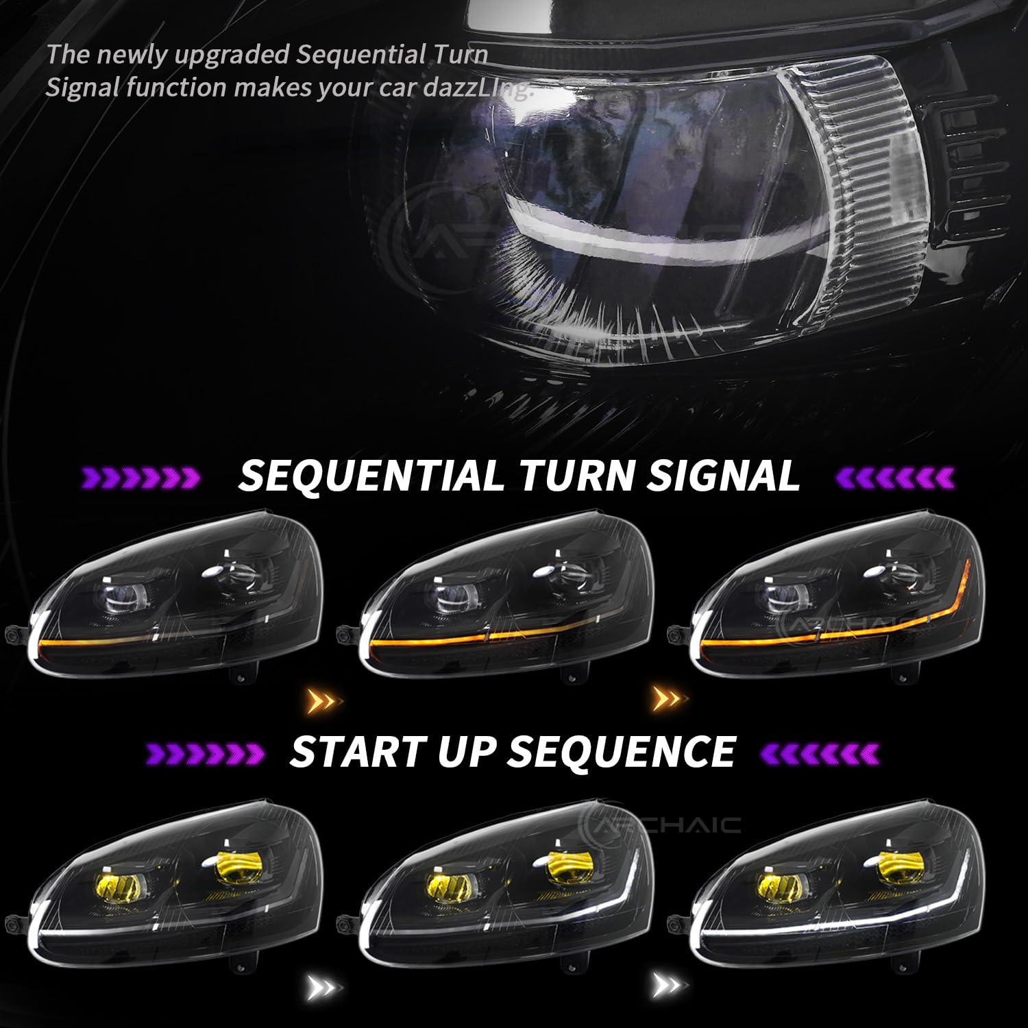 Archaic Reflektory kompatybilne z Volkswagen Golf 5 MK5 2003-2009 i Jetta 1k2 2005-2010, VOLKSWAGEN GTI/RABBIT 2006-2009 nie pasują do XENON/HID, z sekwencyjnymi kierunkowskazami, animacją DRL, z