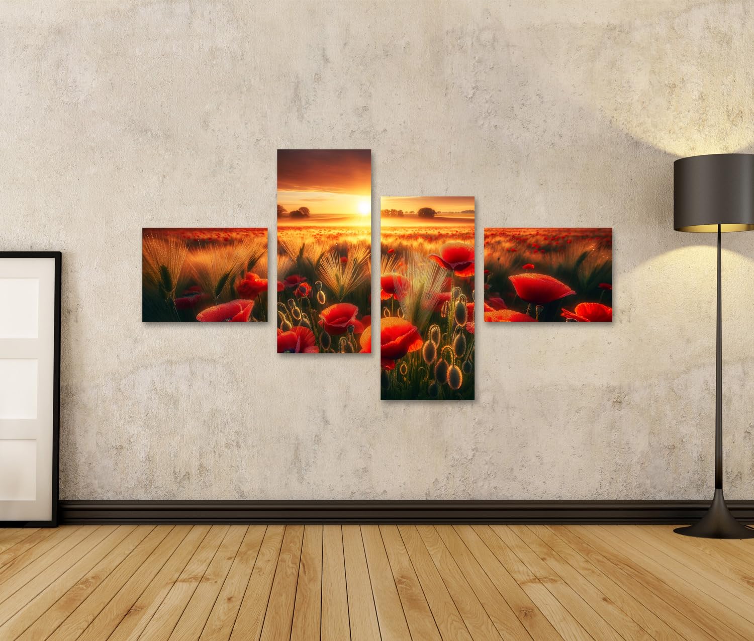 islandburner Primer cuadro sobre lienzo amanecer sobre campo con amapolas rojas brillantes imágenes murales póster