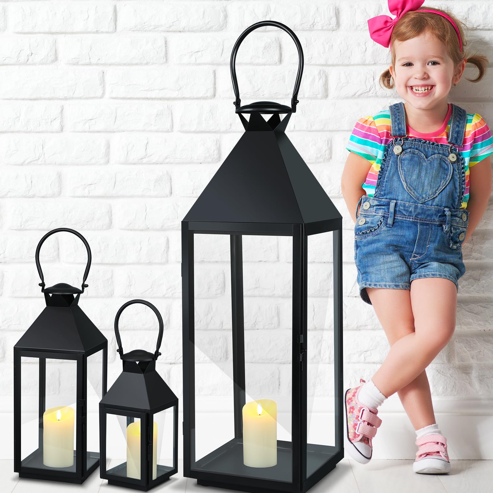 Mifoci Jumbo Black Metal Decorative Lanterns with Clear Glass Panel Hurricane Candle Lantern for Home Decor Party Event Tabletop Front Porch Wall Hanging Indoor Outdoor(3 Pcs,28'' 16'' 10'')