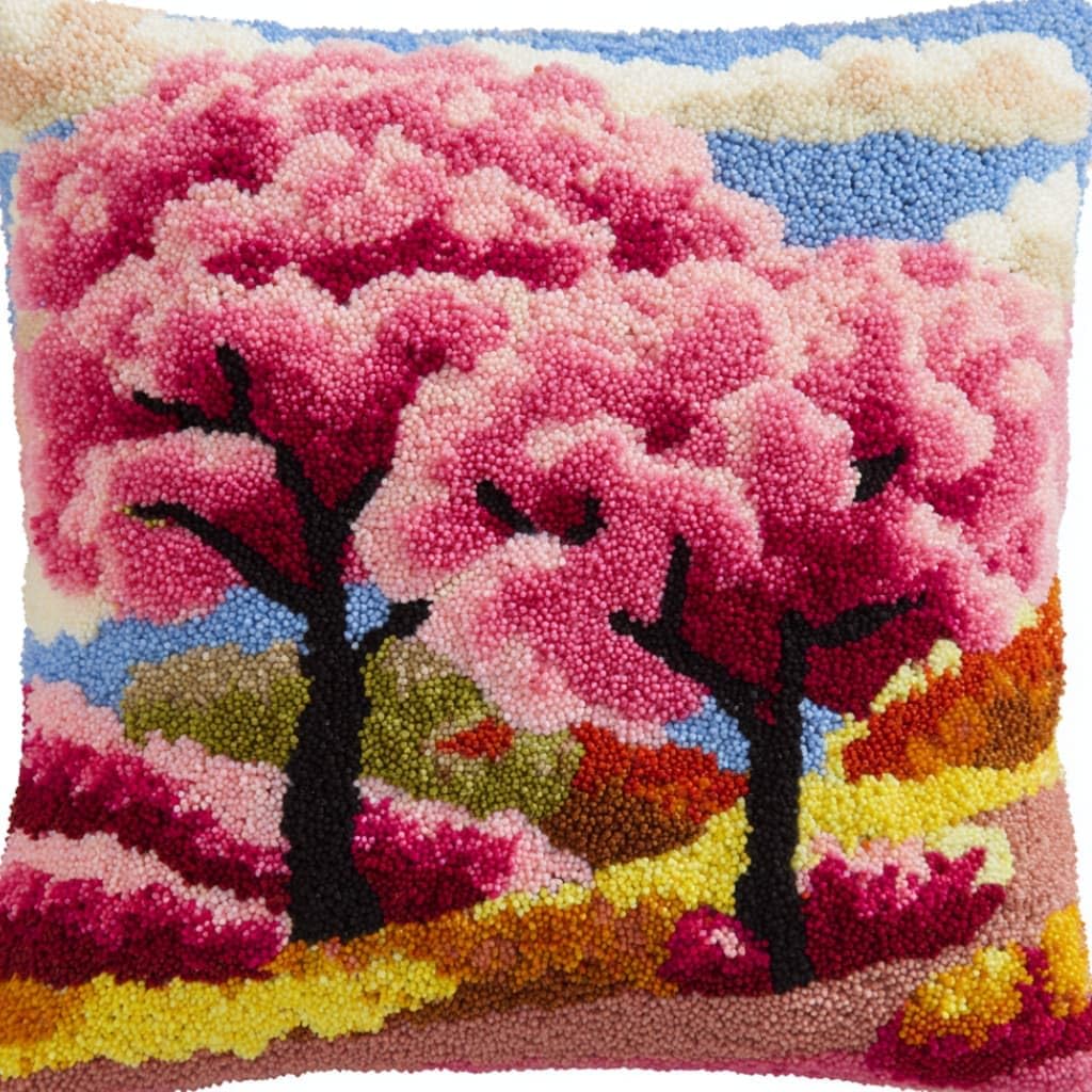 WallustrioaW Latch Hook Pillow Case Kits,Trees 17X17 Inch Latch Hook Cushion Cover Kit,Knitting Kits Cushion for Adults Rug Making Kit for Starters