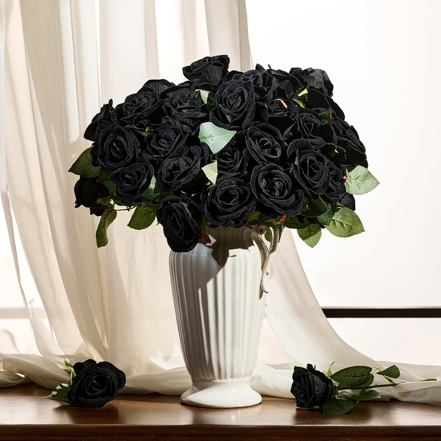 AmyHomie 48 PCS Black Roses Velvet Realistic Artificial Flowers with Bendable Stems for Wedding Bouquets Baby Shower Party Home Decor Fake Flowers Gifts for Valentines, Mothers Day, Womens Day